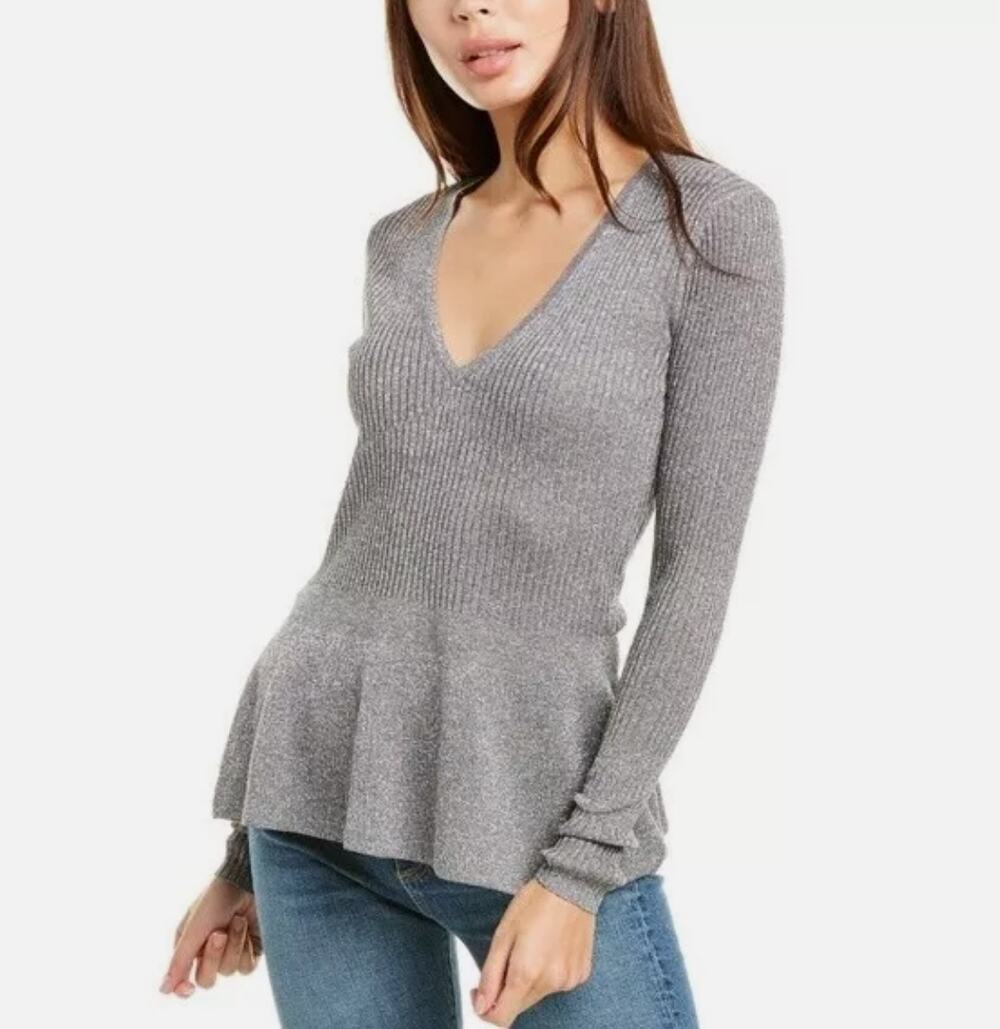 Veronica Beard Esmeralda Metallic Sweater Silver V-Neck Ribbed Knit Peplum Gray